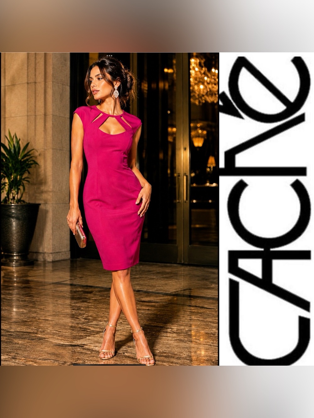 Cache cap-sleeve  Hot Pink dress with a‎ cut-out  Body-con cocktail sexy Size 4